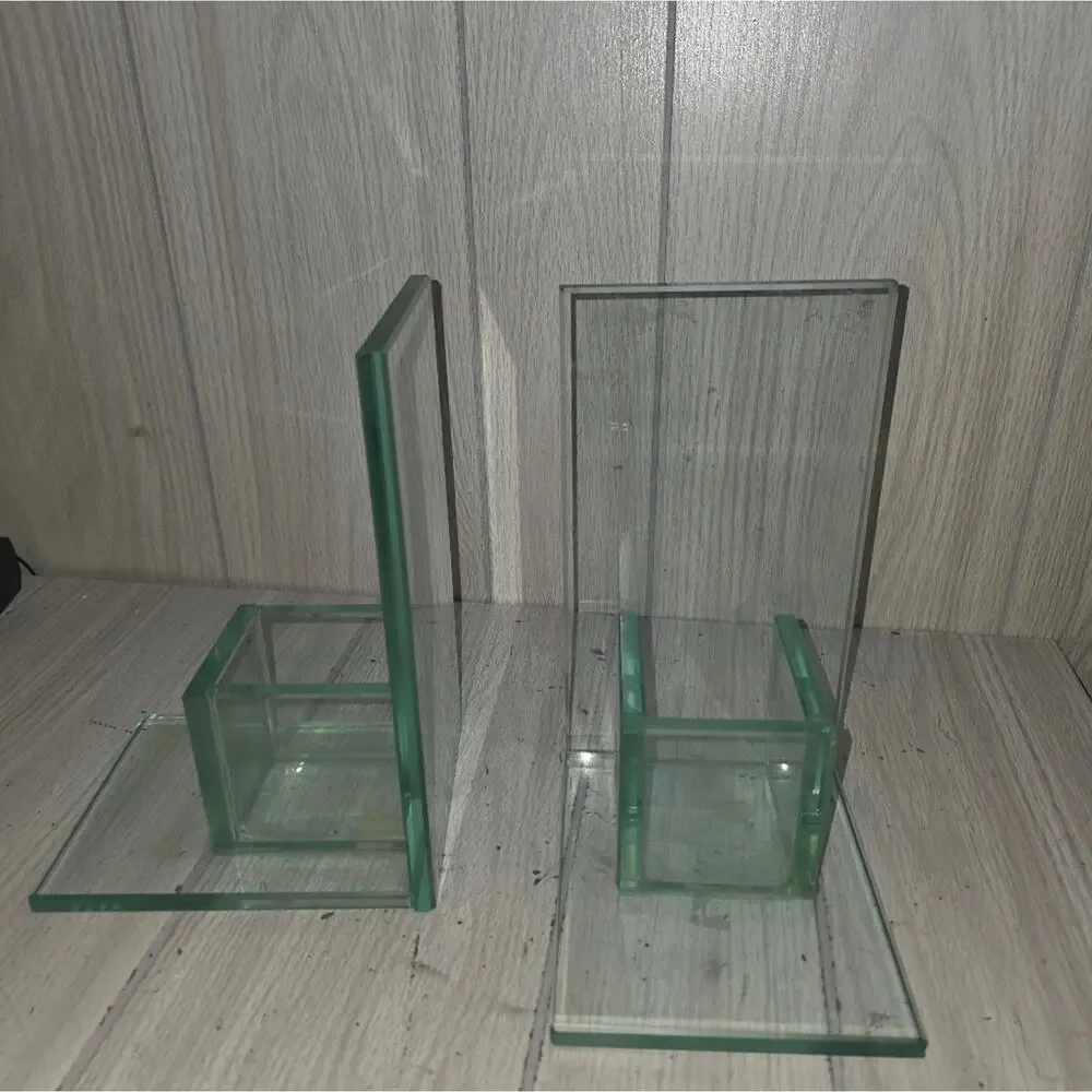 Vtg Minimalist Clear Glass Bookends With Candle Holder/Planter MCM Art Heavy